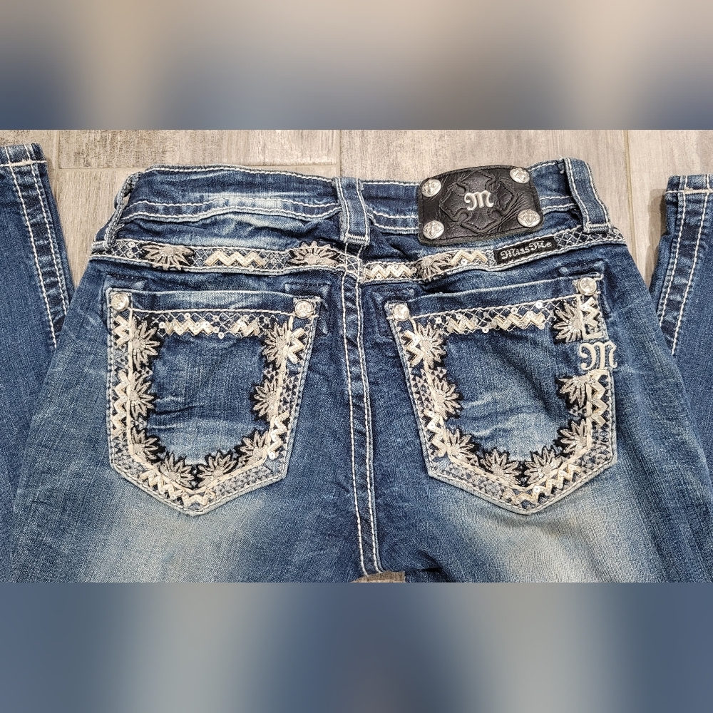 Miss Me Denim Jeans with Intricate White Stitching Boot Cut